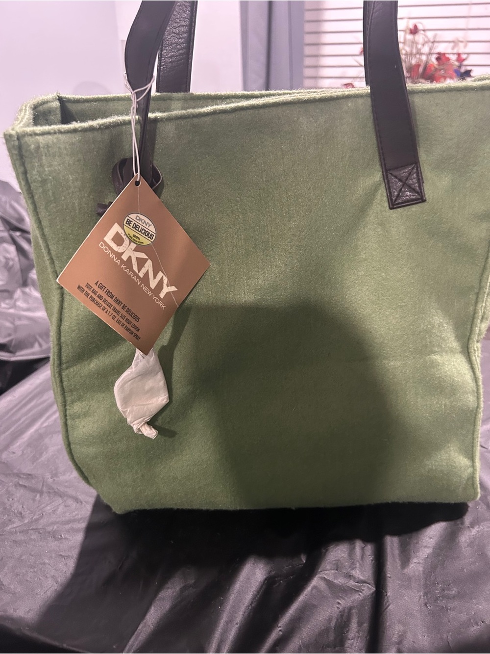DKNY Olive Green Felt Tote with Dark brown Handles